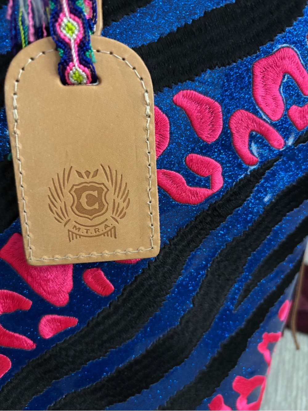 Consuela Liv Sling Bucket Bag Embroidered Blue Pink Zebra Leopard - Picture 9 of 15